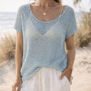 Light Blue Metallic Open-Knit Top Made in Italy Viscose Blend Size Small Resort